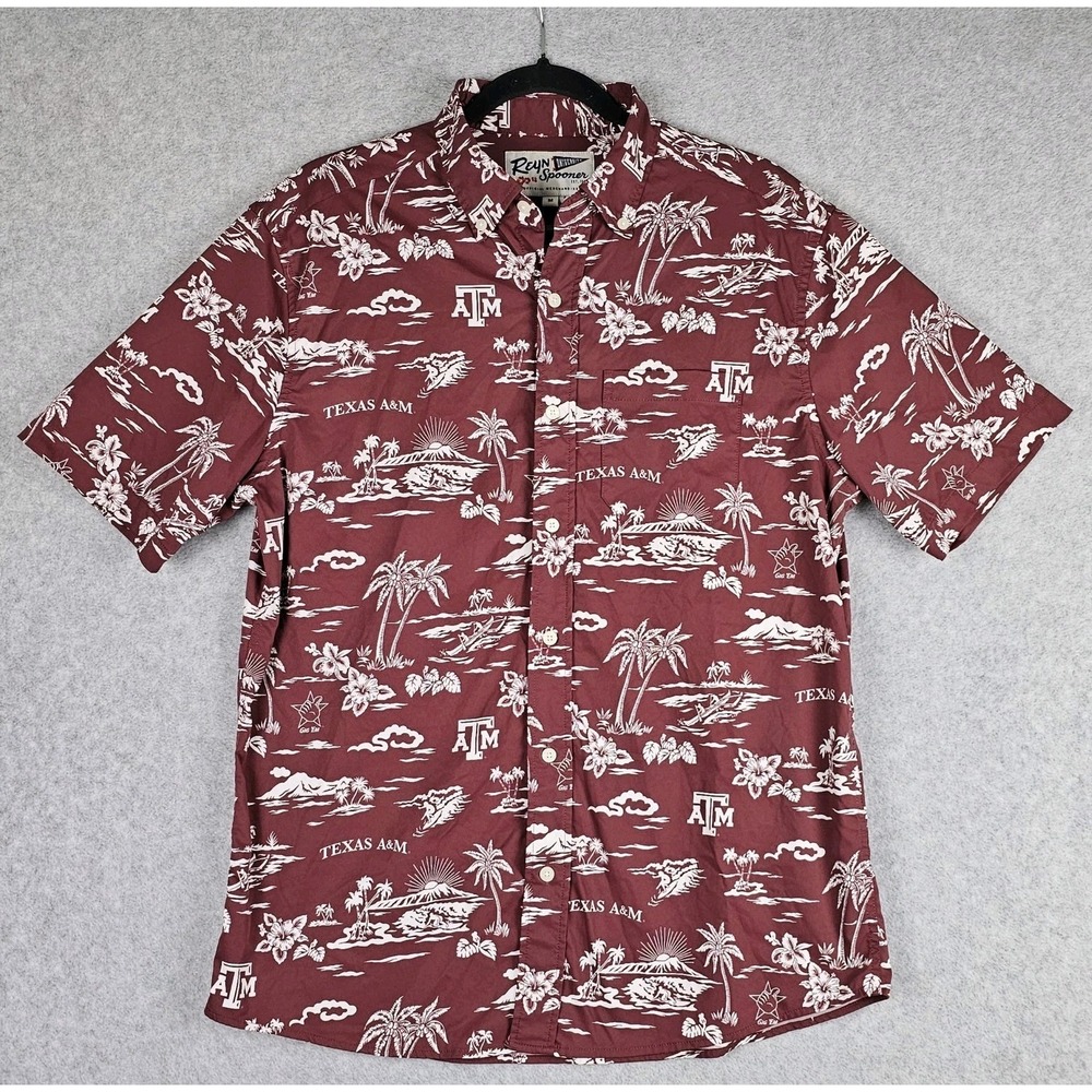 Reyn Spooner University Mens Texas A&M Aggies Hawaiian Shirt Maroon Sz M Gig 'Em